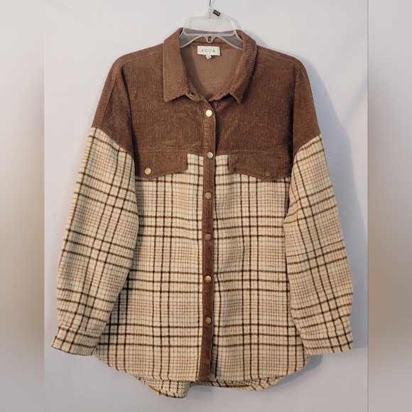 Acoa Brown and Cream Plaid Utility Jacket Size M - Picture 1 of 9